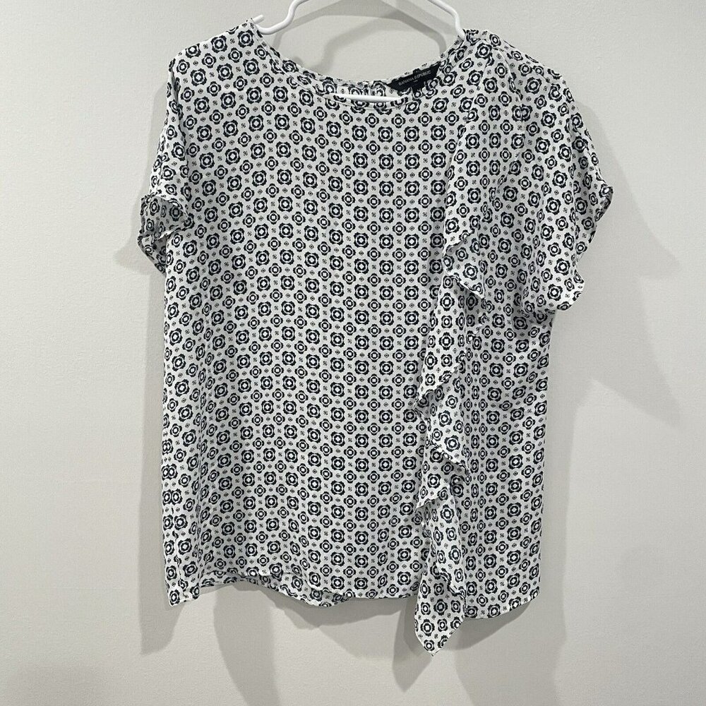 Banana Republic Blue White Ruffle Short Sleeve Blouse Keyhole Back Size Medium M